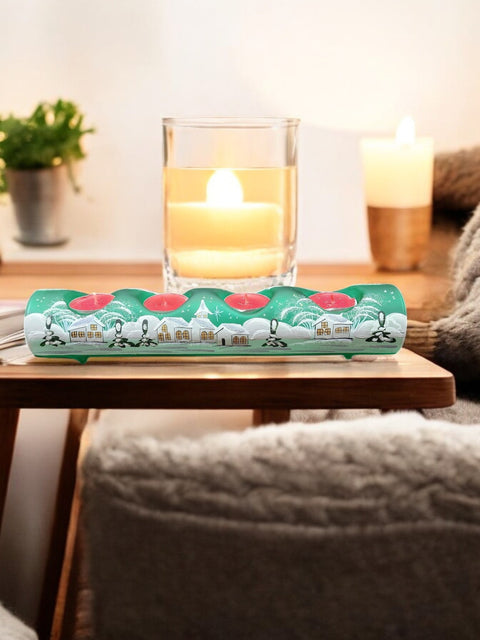 Green Glass Quad Candle Holder - White Church Yule Log Style