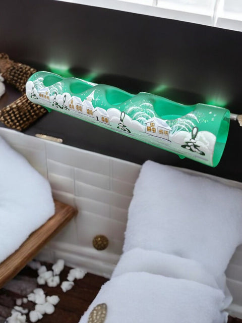 Green Glass Quad Candle Holder - White Church Yule Log Style