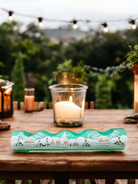 Green Glass Quad Candle Holder - White Church Yule Log Style