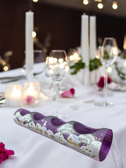 Purple Glass Quad Candle Holder - White Church Yule Log Style