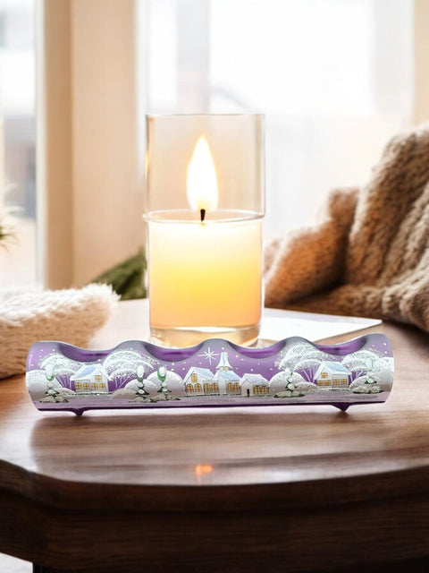 Purple Glass Quad Candle Holder - White Church Yule Log Style