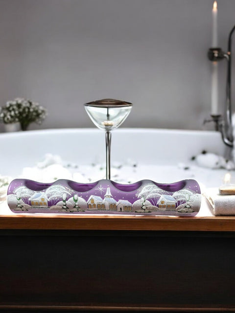 Purple Glass Quad Candle Holder - White Church Yule Log Style