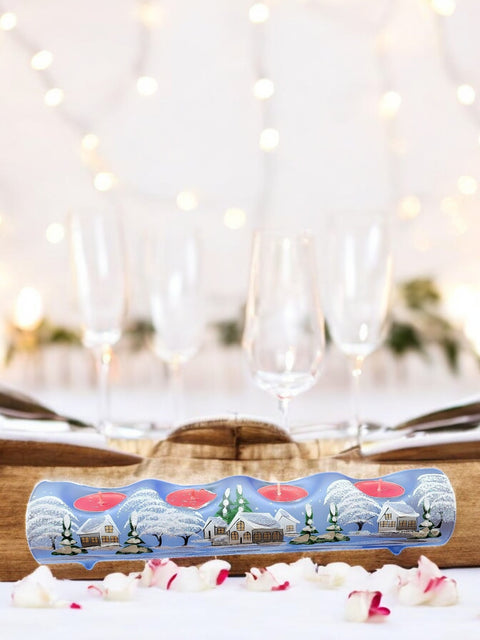 Light Blue Glass Quad Candle Holder - White Cabins Yule Log Style