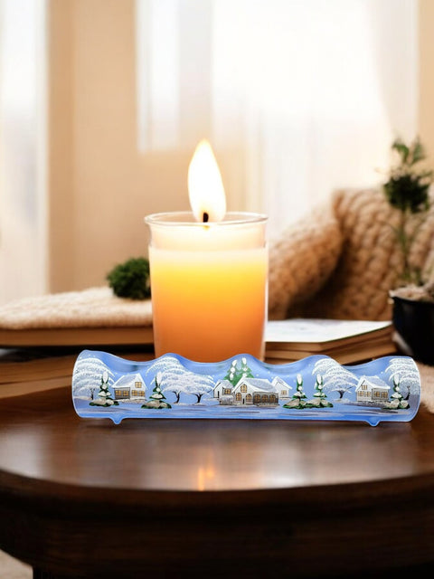 Light Blue Glass Quad Candle Holder - White Cabins Yule Log Style