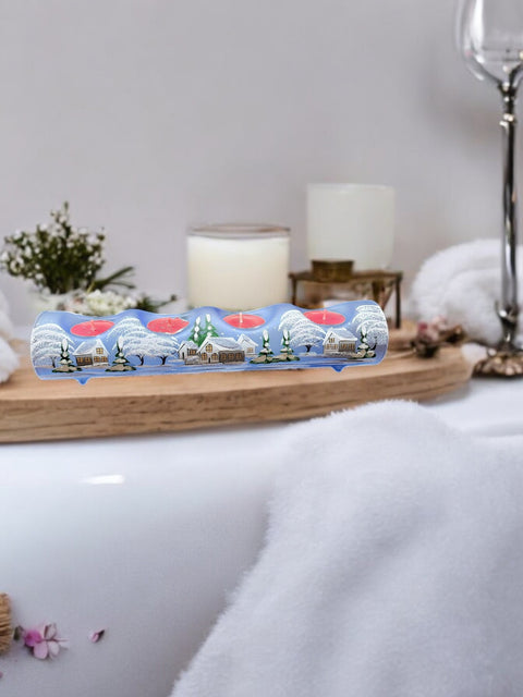 Light Blue Glass Quad Candle Holder - White Cabins Yule Log Style