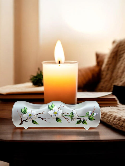 Frosted Glass Double Candle Holder - Dogwood Flower Yule Log