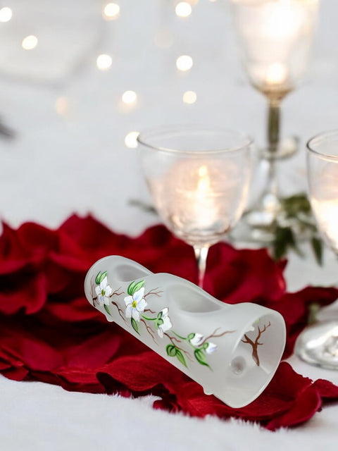 Frosted Glass Double Candle Holder - Dogwood Flower Yule Log