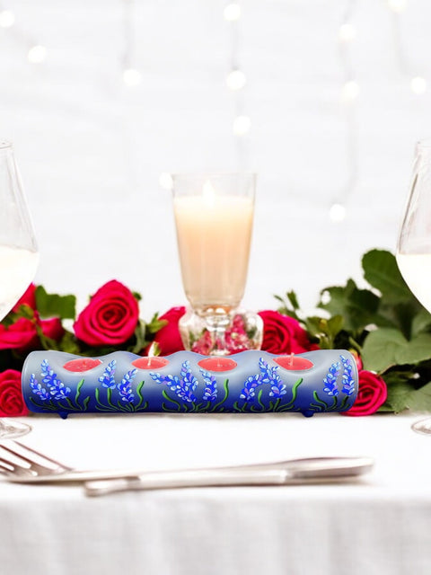 Blue Glass Quad Candle Holder - Lavender Flower Yule Log Style