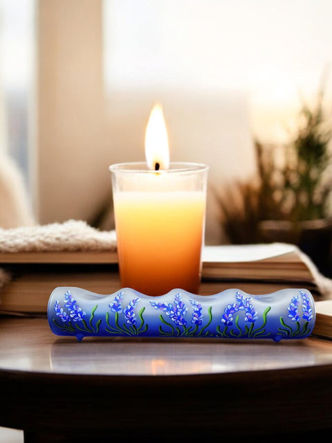 Blue Glass Quad Candle Holder - Lavender Flower Yule Log Style