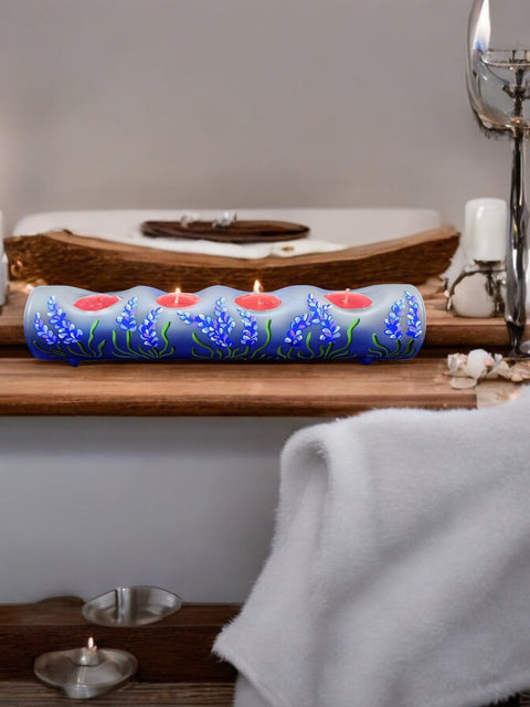 Blue Glass Quad Candle Holder - Lavender Flower Yule Log Style