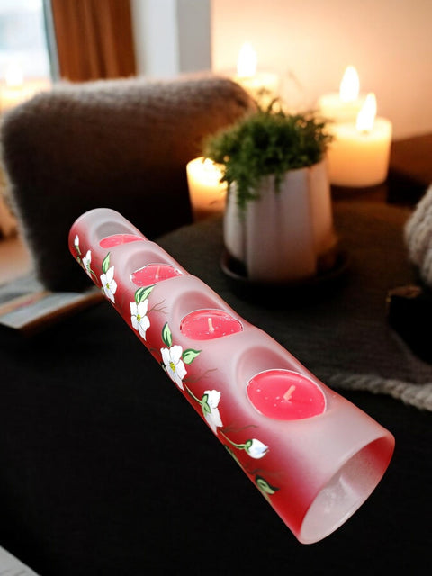Red Glass Quad Candle Holder - Dogwood Flower Yule Log Style