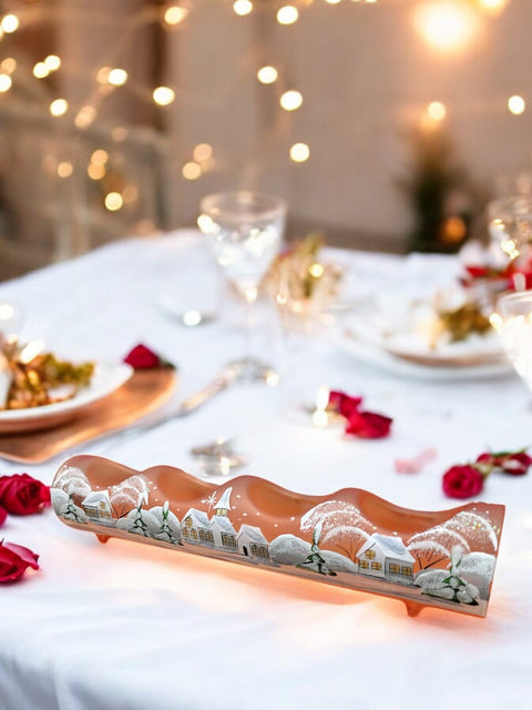 Orange Glass Quad Candle Holder - White Church Yule Log Style