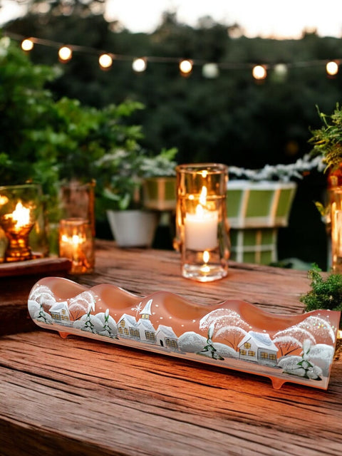 Orange Glass Quad Candle Holder - White Church Yule Log Style