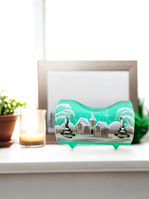 Green Glass Single Candle Holder - White Church Yule Log Style