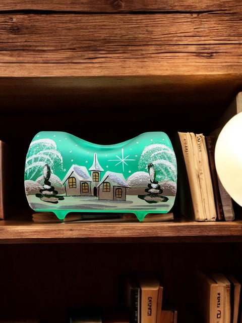 Green Glass Single Candle Holder - White Church Yule Log Style