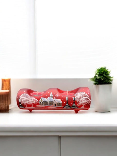 Red Glass Double Candle Holder - White Church Yule Log Style