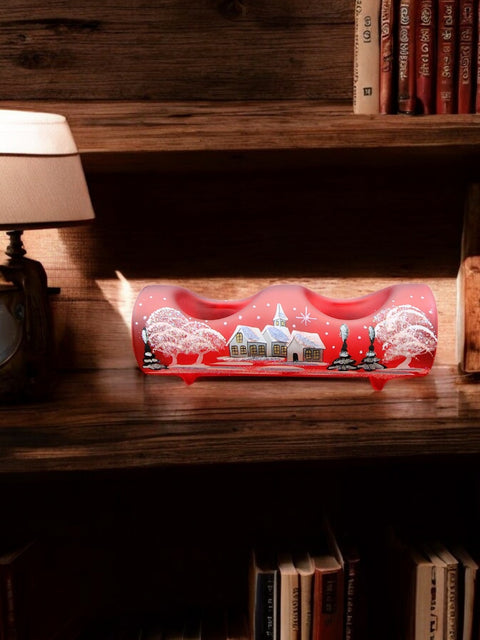 Red Glass Double Candle Holder - White Church Yule Log Style