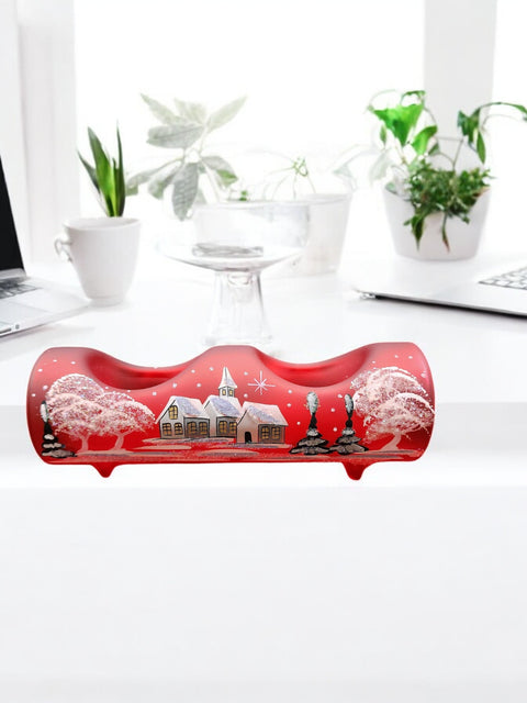 Red Glass Double Candle Holder - White Church Yule Log Style