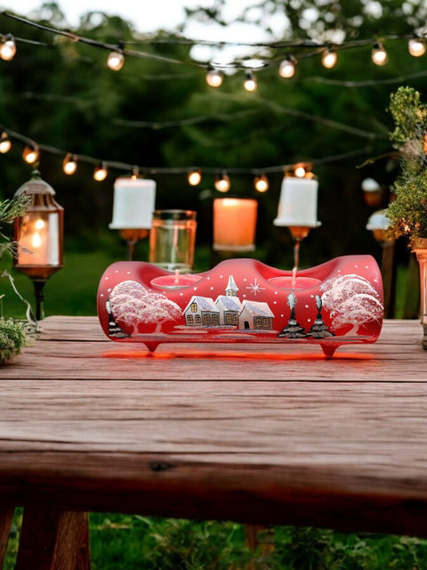 Red Glass Double Candle Holder - White Church Yule Log Style