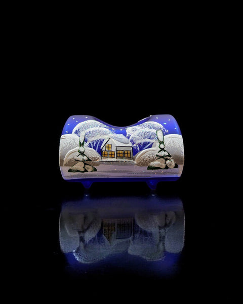 Blue Glass  Single Candle Holder  - White Church Yule Log Style