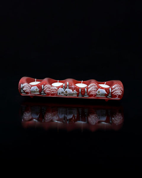 Red Glass Quad Candle Holder - White Cabins Yule Log Style