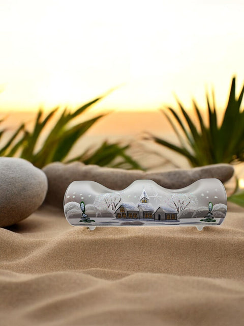 Frosted Glass Double Candle Holder  - White Church Yule Log Style
