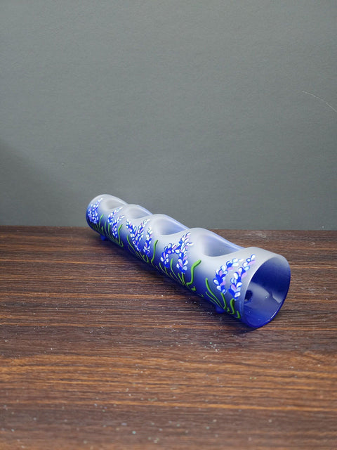 Blue Glass Quad Candle Holder - Lavender Flower Yule Log Style