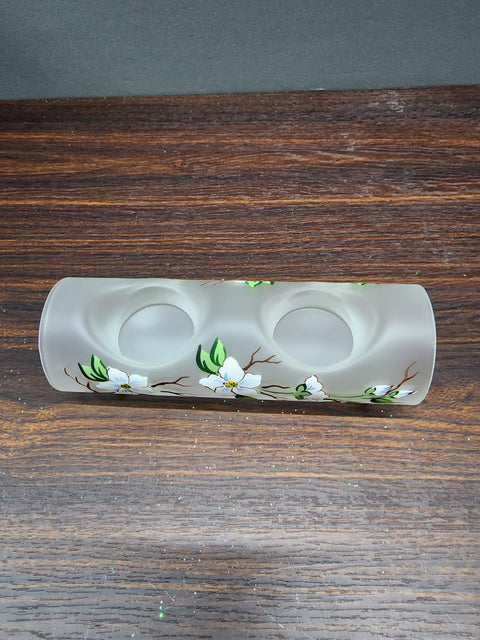 Frosted Glass Double Candle Holder - Dogwood Flower Yule Log