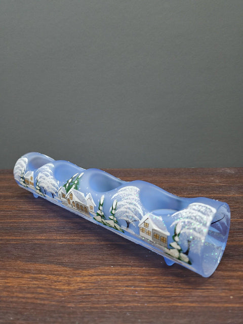 Light Blue Glass Quad Candle Holder - White Cabins Yule Log Style