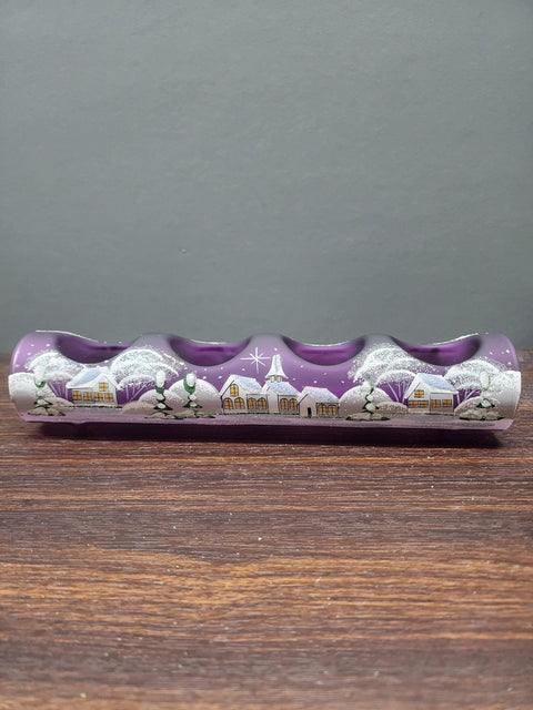 Purple Glass Quad Candle Holder - White Church Yule Log Style