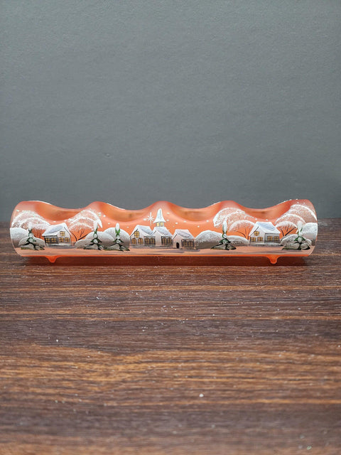 Orange Glass Quad Candle Holder - White Church Yule Log Style