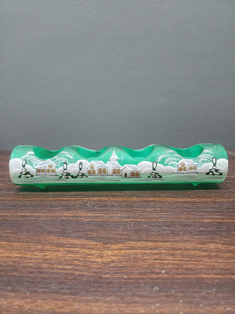 Green Glass Quad Candle Holder - White Church Yule Log Style