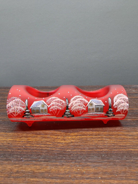 Red Glass Double Candle Holder - White Church Yule Log Style