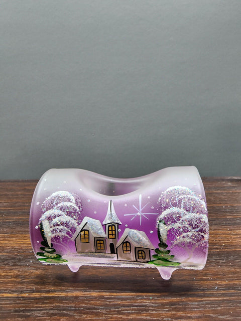 Purple Glass Single Candle Holder - White Church Yule Log Style