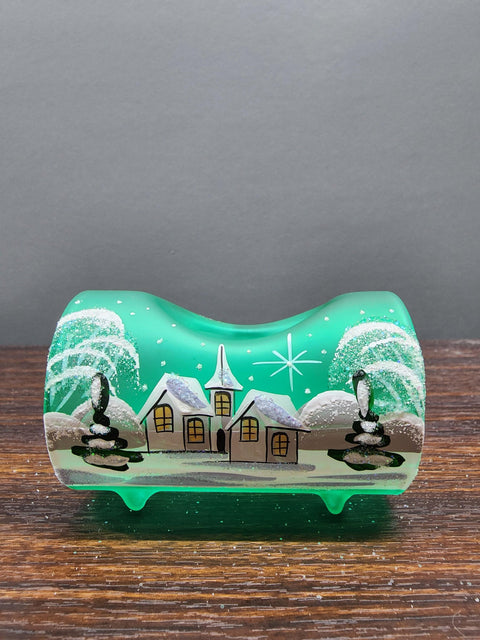 Green Glass Single Candle Holder - White Church Yule Log Style