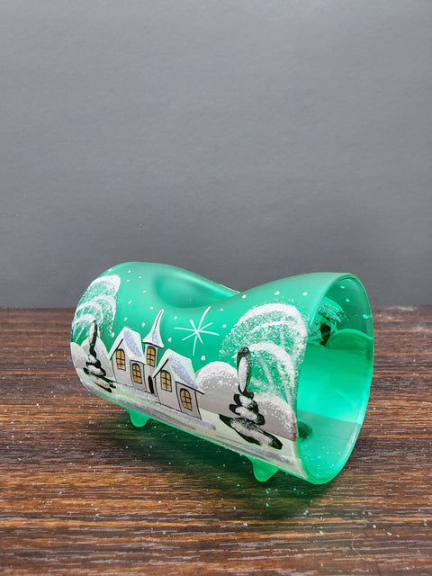 Green Glass Single Candle Holder - White Church Yule Log Style