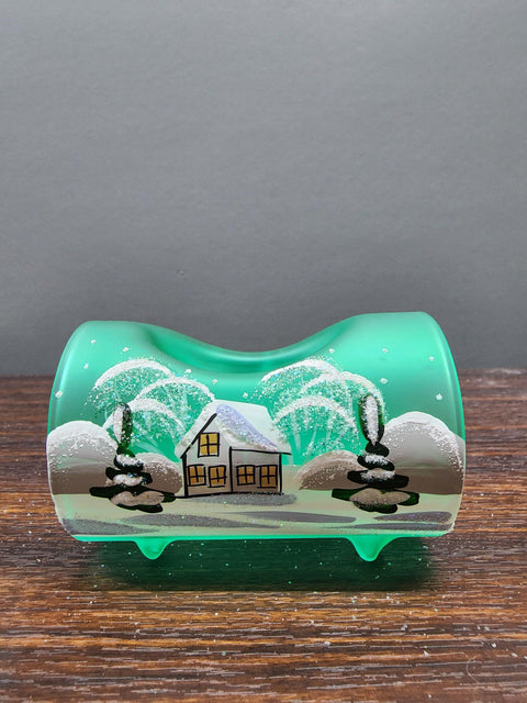 Green Glass Single Candle Holder - White Church Yule Log Style