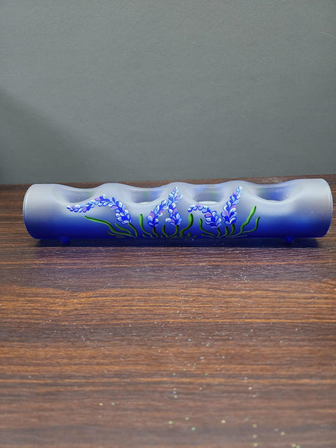 Blue Glass Quad Candle Holder - Lavender Flower Yule Log Style