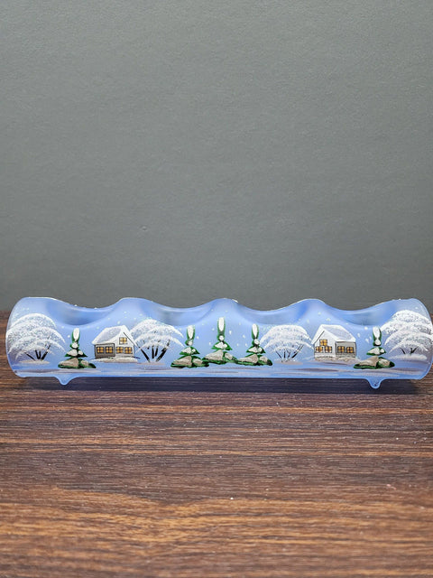 Light Blue Glass Quad Candle Holder - White Cabins Yule Log Style