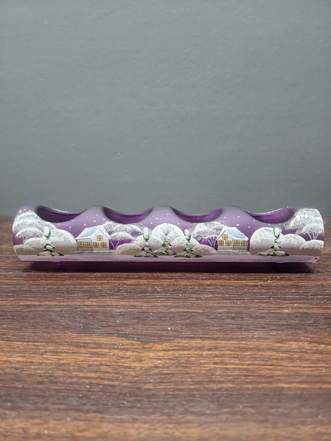 Purple Glass Quad Candle Holder - White Church Yule Log Style