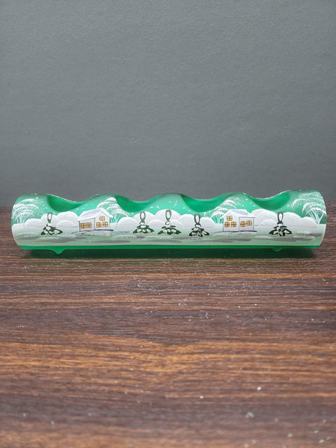 Green Glass Quad Candle Holder - White Church Yule Log Style
