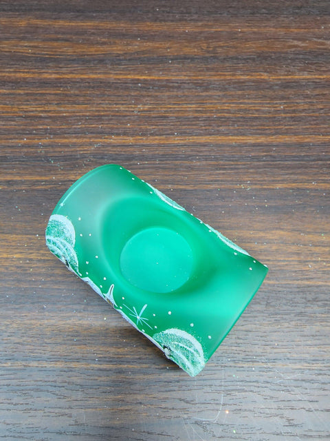 Green Glass Single Candle Holder - White Church Yule Log Style
