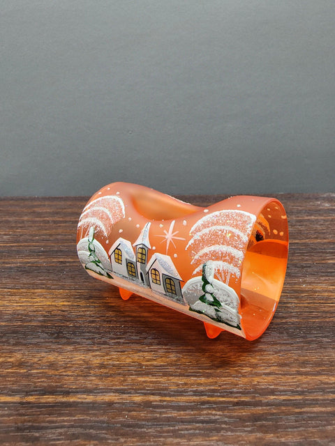 Orange Glass Single Candle Holder - White Church Yule Log Style