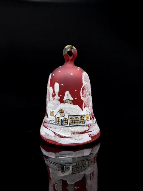Red Blown Glass Bell Ornament –  White Church Design with Clapper